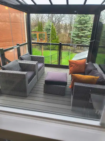 gray rattan-wicker sofa and 2 armchairs with ottoman centre pc, View more