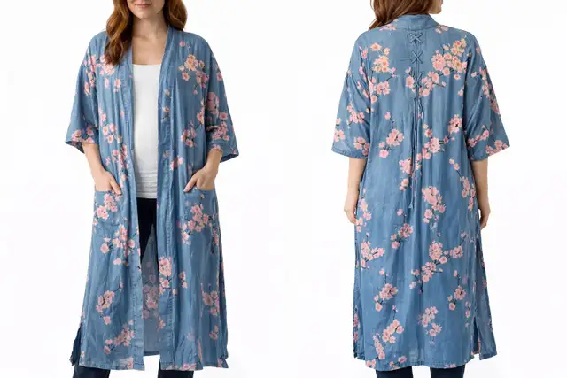 Billy T  Cherry Blossom Denim Kimono Sz XS