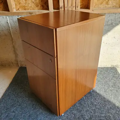 Mid Century walnut filing cabinet w finished back teak, View more