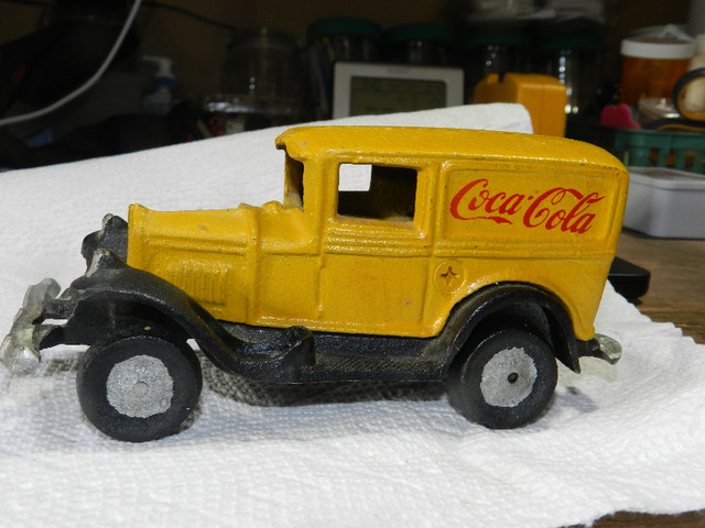 Vintage Cast Iron Coca Cola Car Yellow Model T Style Delivery Tr in Arts & Collectibles in Strathcona County