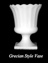 Vintage milk glass Grecian Style vase, urn, 6” hi, 4.4” dia