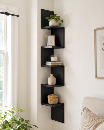 Modern Wooden Zig Zag Floating Wall Corner Shelf, View more