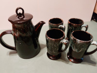 Glazed Pottery Coffee Pot and 4 mugs
