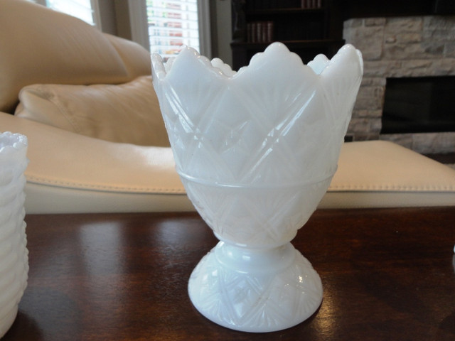 3 Milk Glass 6"x 4.5" Dia. Vases, Hobnail, Wing Tip &Scalloped in Home Décor & Accents in Kitchener / Waterloo - Image 3