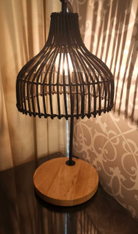 Two Black Rattan and Natural Wood Table Lamp