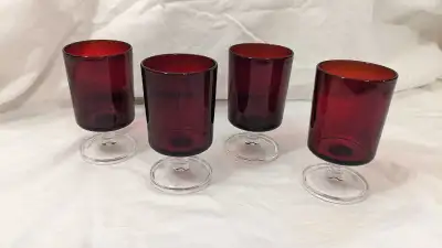 Set of 4, vivid ruby red glass goblets - small size. Made in France. Excellent condition. No chips o...