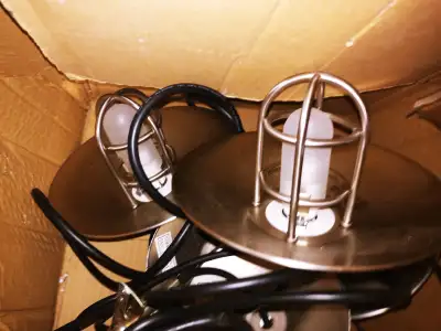 THREE  INDUSTRIAL  LOOKING  HANGING  LIGHTS, View more