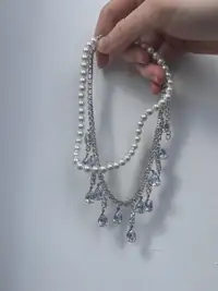 Pearl sky blue crystal gem necklace 