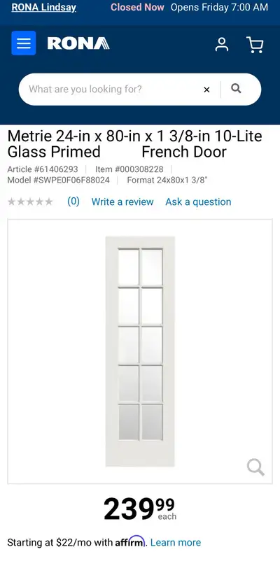 24” French Door with Glass, View more