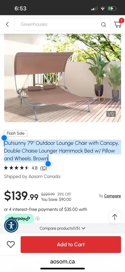 Outsunny 79" Outdoor Lounge Chair with Canopy, Double Chaise Lou, View more