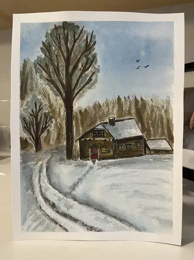 Watercolor Christmas at the Cabin painting, View more