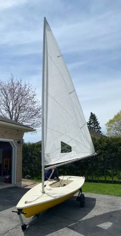 Great starter boat, fully rigged and ready to sail. Comes with trailer with hitch that is 1 year old...