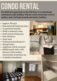 1 Bedroom Condo for rent near Bayshore Mall, QEW and transit