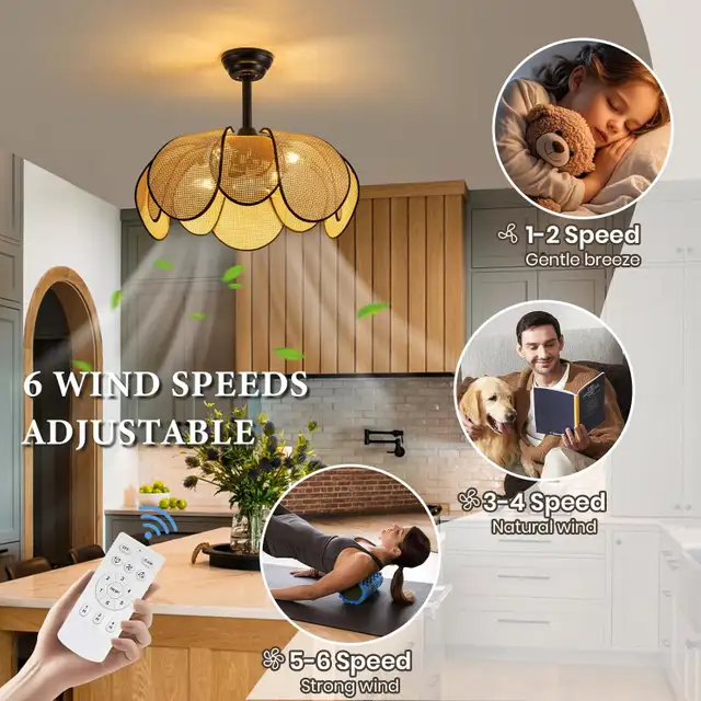 Boho Rattan Fandelier with Light, Flush Mount Ceiling Fan, 6-Spe in Indoor Lighting & Fans in Mississauga / Peel Region - Image 7