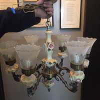 Vintage Chandelier Porcelain Flowers and Glass Shades