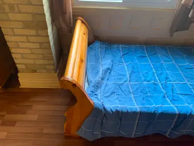 Solid wood twin bed frame, box spring and nightstand., View more