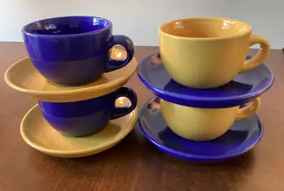 4 Ceramic Espresso Cups and Saucers (2 Blue / 2 Mustard), View more