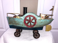 Very Heavy Vintage Folk Art Steam Paddle Wheeler on Wheels 9 1/2