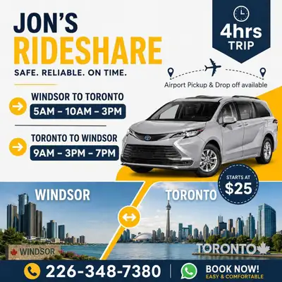 9AM -3PM-7PM-   》 TORONTO TO WINDSOR / FRIDAY , View more