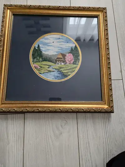 Vintage framed cabin needlepoint canvas, View more