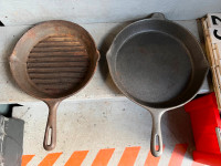2 VINTAGE CAST IRON FRYING PANS - CLEAN / VERY USEABLE