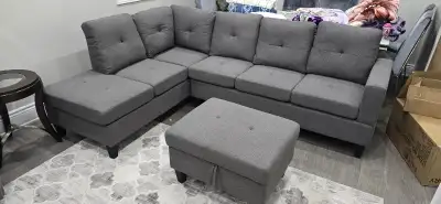 Grey Pure Fabric Linen Sectional Sofa with Storage Ottoman • Smo, View more