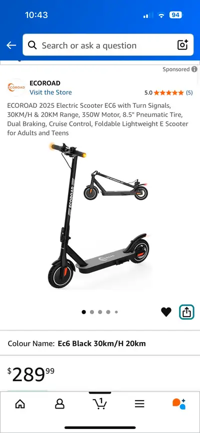 Ecoroad electric scooter for sale only 110$ , at Amazon right now price 289$ plus tax, asking very l...