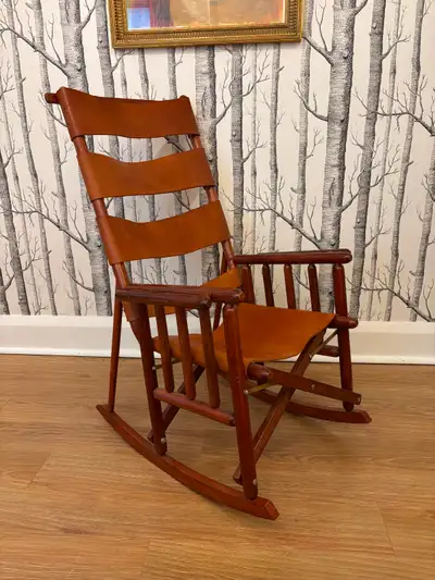 Vintage Teak + Leather Safari Rocking Chair, View more