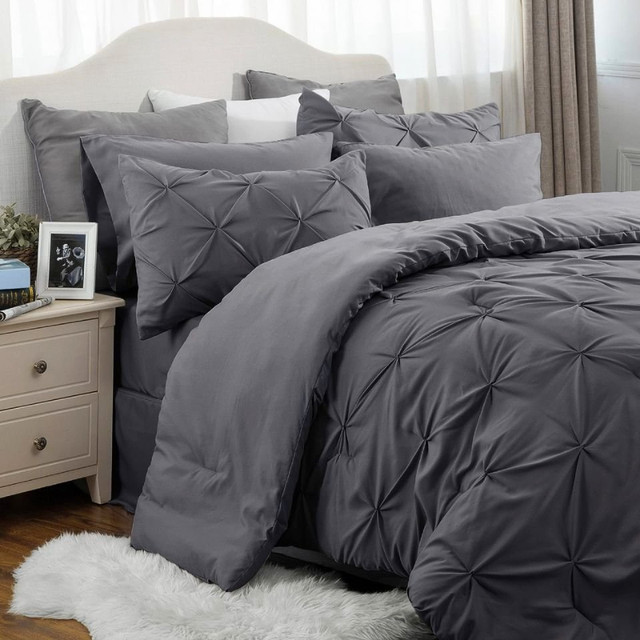 New 7 PC Bed In A Bag Comforter Set - Dark Grey - Queen Size in Bedding in North Bay