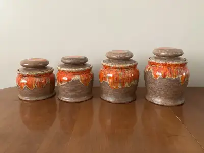 Set of 4 Vintage Studio Pottery Canisters with Orange Lava Drip , View more