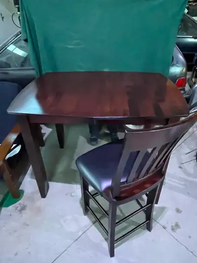 Solid Teak Wood Pub Table w\ 4  Teak Wood and Leather Chairs, View more