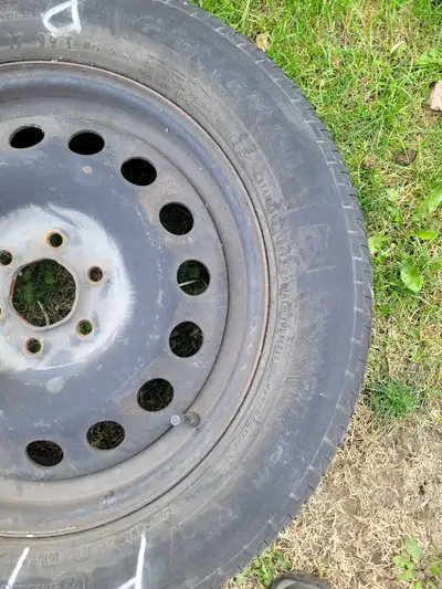 6 Chevy 6 bolt pattern rims with tires. 4 with General Tire Evertek tires still with tread left as s...