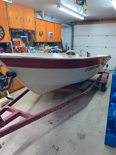 Here is a great deal on a boat, motor and trailer . A Crestliner Sportsman 14’6” with a good solid T...