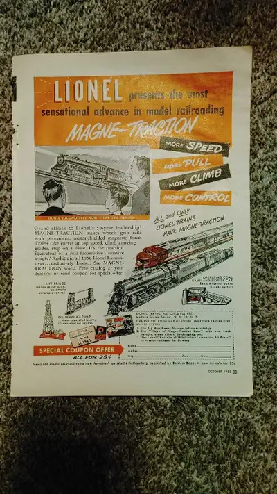 Original Lionel model train print ad from Oct. 1950 issue of Popular Science. Please see photos for...