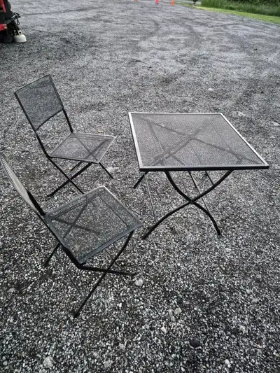- Black metal folding chairs & folding table strong heavy 3 piece wrought iron mesh bistro set space...
