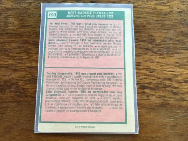 1975 opc baseball 1955 MVP 193  off center in Arts & Collectibles in City of Toronto - Image 3
