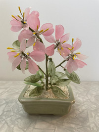 Vintage Chinese Small Pink & Jade Stone Glass Bonsai Flower Tree