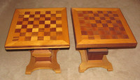 pair of vintage handmade wooden chessboard top tables