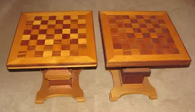 pair of vintage handmade wooden chessboard top tables, View more