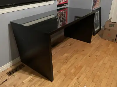 Black wood desk with glass top, View more