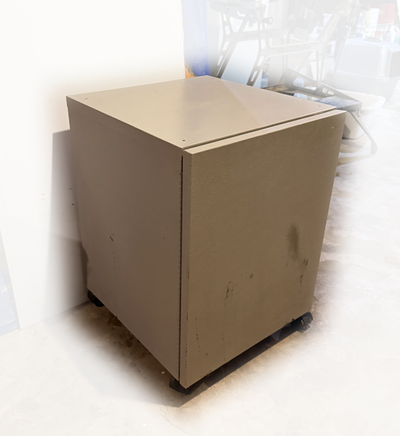 Metal under desk file cabinet on casters (two shelves)., View more