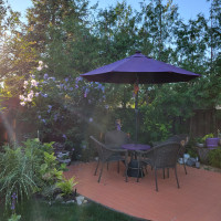 9 Ft Outdoor Patio Umbrella & custom Made Table & Solid Base.