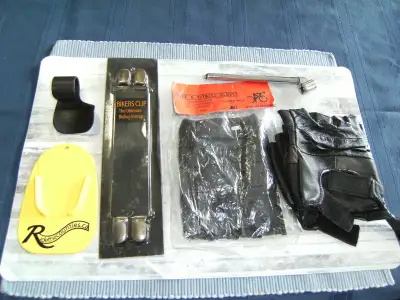Throttle lock, kickstand pad, biker pant clips, XL padded palm finger less gloves new and one pair u...