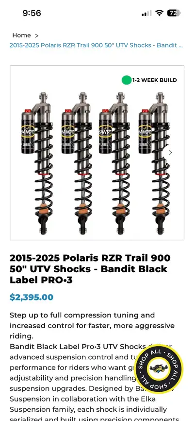 Bandit Black Label Pro 3 shocks installed on 2020 Polaris Rzr 900 trail with s conversion . Used for...
