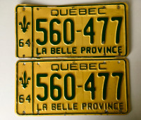 Vintage Quebec / Canada car License Plate 1964 Pair