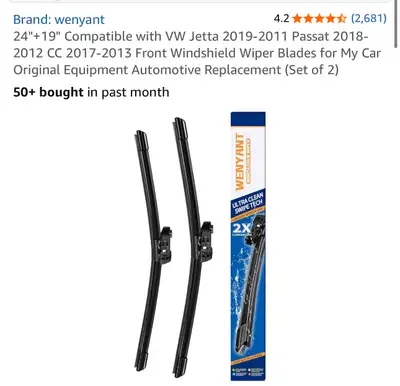 Wenyant 24"+19" Compatible with VW Jetta 2019-2011 Passat 2018-2012 CC 2017-2013 Front Windshield Wi...