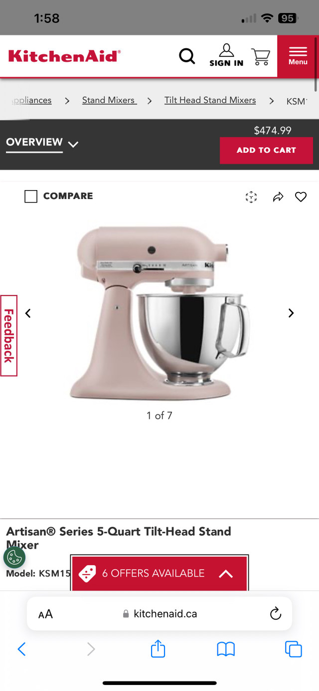 KitchenAid Artisan Series Matte Dried Rose 5-Quart Tilt-Head in Kitchen & Dining Wares in Mississauga / Peel Region - Image 3