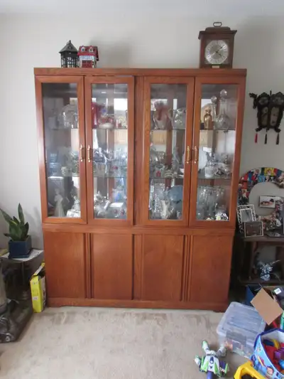 Solid oak, buffet and hutch. Fixed glass shelves., View more