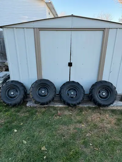 Factory SE wheels off a Yamaha grizzly, 27x9x12 and 27x11x12 zillas. Front tires are pretty worn, re...