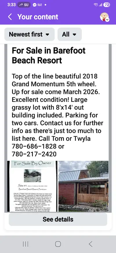 4 season full load 5th Wheel parked at Barefoot Beach resort on the nicest lot there. Pie shaped, cl...